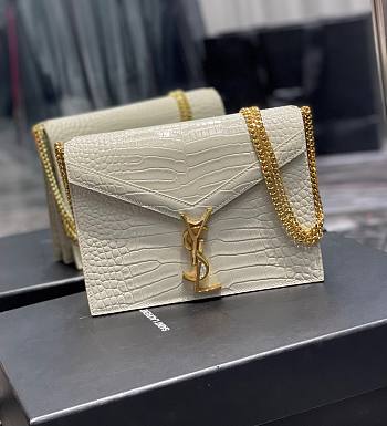 	 KITLIFE YSL CASSANDRA MEDIUM CHAIN BAG IN CROCODILE EMBOSSED WHITE LEATHER - 22x16.5x5.5cm