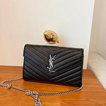 KITLIFE YSL CASSANDRE QUILTED CHAIN WALLET IN GRAIN LEATHER BLACK SILVER - 22,5 X 14 X 4 CM