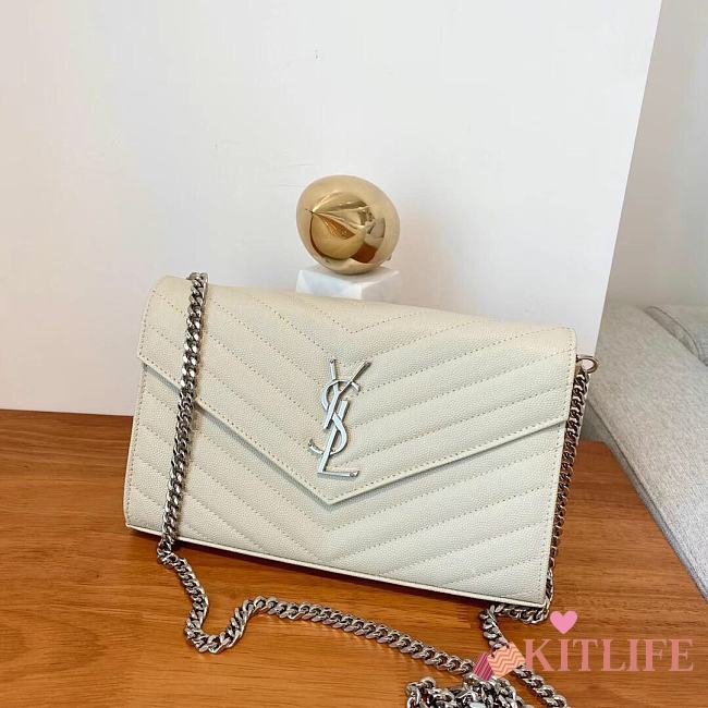 	 KITLIFE YSL CASSANDRE QUILTED CHAIN WALLET IN GRAIN LEATHER WHITE SILVER - 22,5 X 14 X 4 CM - 1