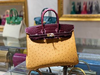 Kitlife Hermes Birkin Ostrich and Crocodile Yellow/Burgundy Leather Gold Hardware - 25/30/35cm