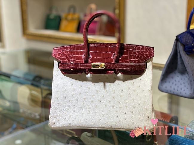 	 Kitlife Hermes Birkin Ostrich and Crocodile White/Burgundy Leather Gold Hardware - 25/30/35cm - 1