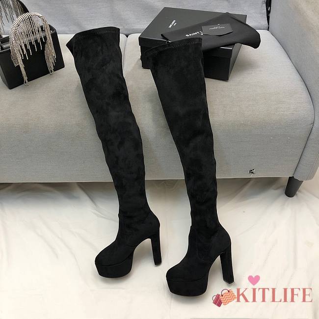 	 Kitlife YSL Suede Billy Platform Black High Knee Boots - 1