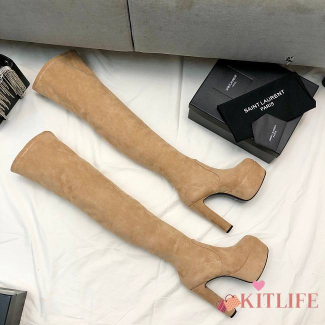 	 Kitlife YSL Suede Billy Platform Beige High Knee Boots - 1
