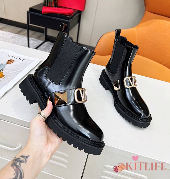 Kitlife Valentino Vlogo Chelsea Shiny Leather Black Boots - 1