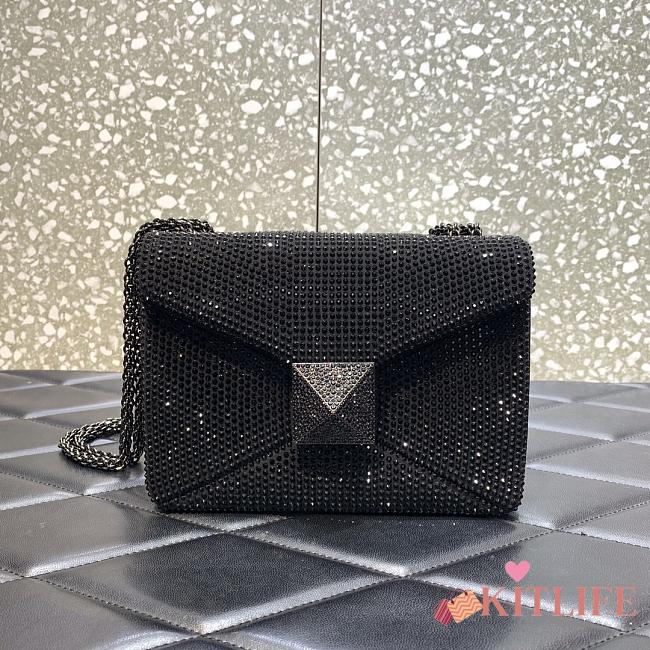 KITLIFE VALENTINO BLACK CHAIN AND RHINESTONE EMBROIDERED ONE-STUD SMALL BAG - W19xH14xD11 cm - 1