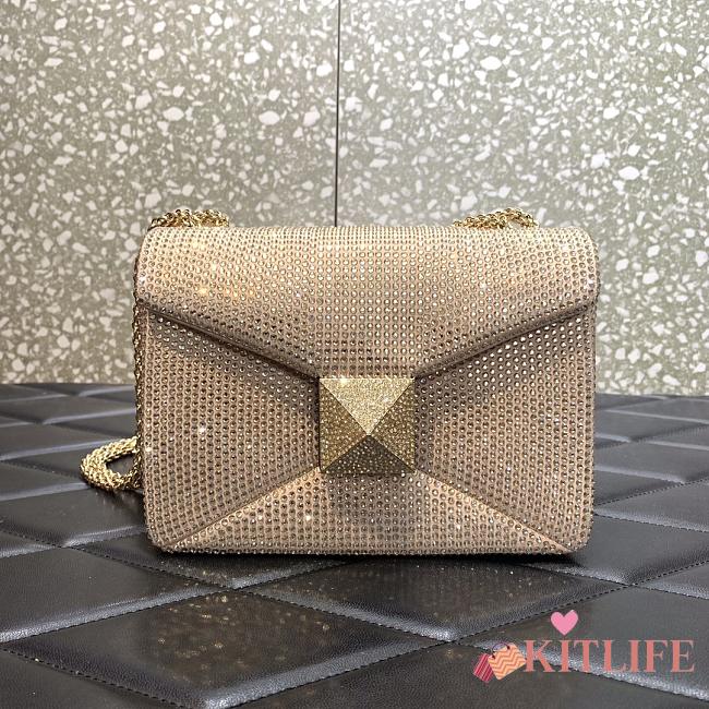 	 KITLIFE VALENTINO BEIGE CHAIN AND RHINESTONE EMBROIDERED ONE-STUD SMALL BAG - W19xH14xD11 cm - 1