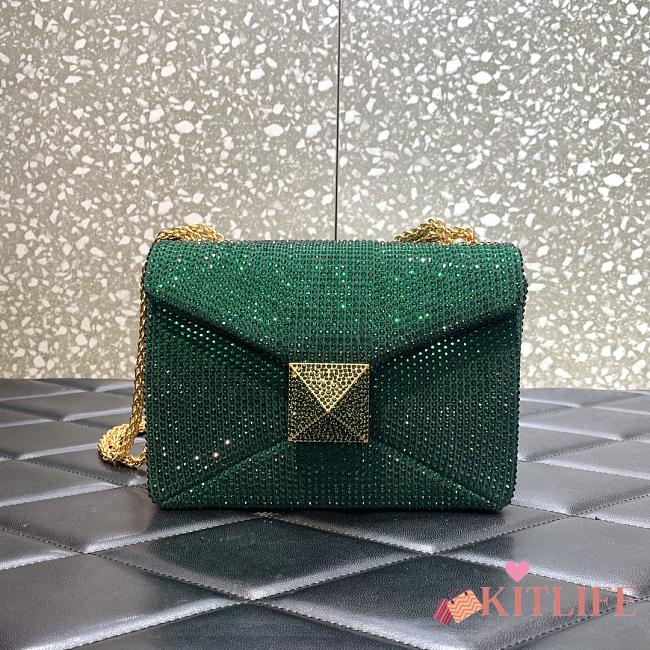 	 KITLIFE VALENTINO GREEN CHAIN AND RHINESTONE EMBROIDERED ONE-STUD SMALL BAG - W19xH14xD11 cm - 1