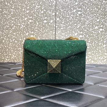 	 KITLIFE VALENTINO GREEN CHAIN AND RHINESTONE EMBROIDERED ONE-STUD SMALL BAG - W19xH14xD11 cm