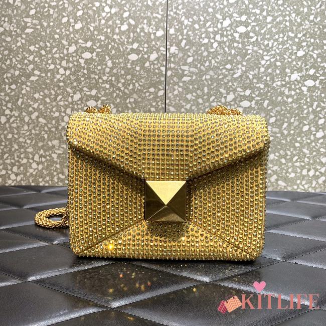 	 KITLIFE VALENTINO YELLOW CHAIN AND RHINESTONE EMBROIDERED ONE-STUD SMALL BAG - W19xH14xD11 cm - 1