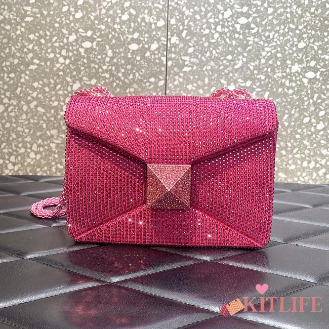 	 KITLIFE VALENTINO PINK CHAIN AND RHINESTONE EMBROIDERED ONE-STUD SMALL BAG - W19xH14xD11 cm - 1