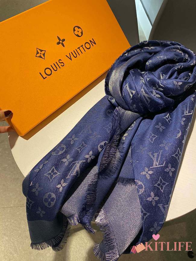 Kitlife Louis Vuitton Dark Blue Monogram Silk/Wool Shawl Scarf - 140x140xcm - 1
