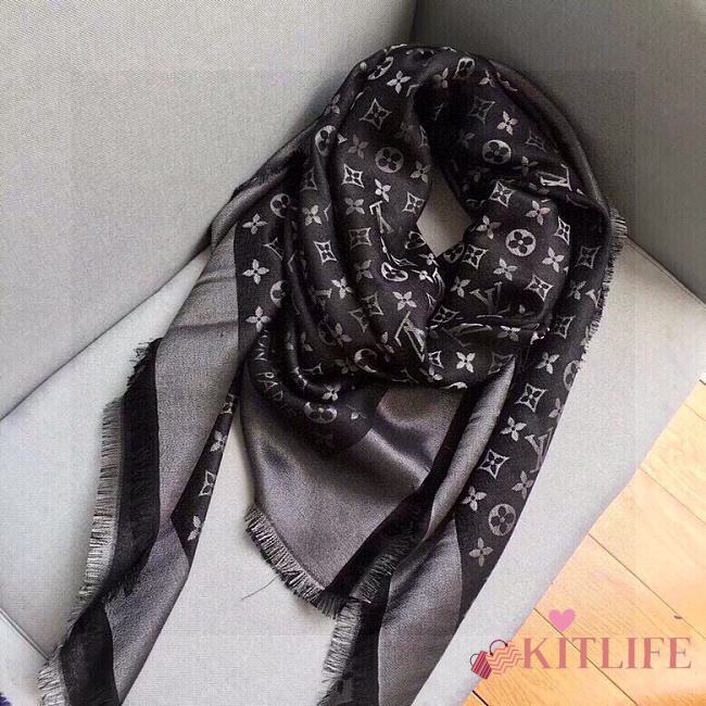 Kitlife Louis Vuitton Black Monogram Silk/Wool Shawl Scarf - 140x140xcm - 1