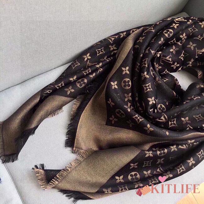 	 Kitlife Louis Vuitton Dark Brown Monogram Silk/Wool Shawl Scarf - 140x140xcm - 1