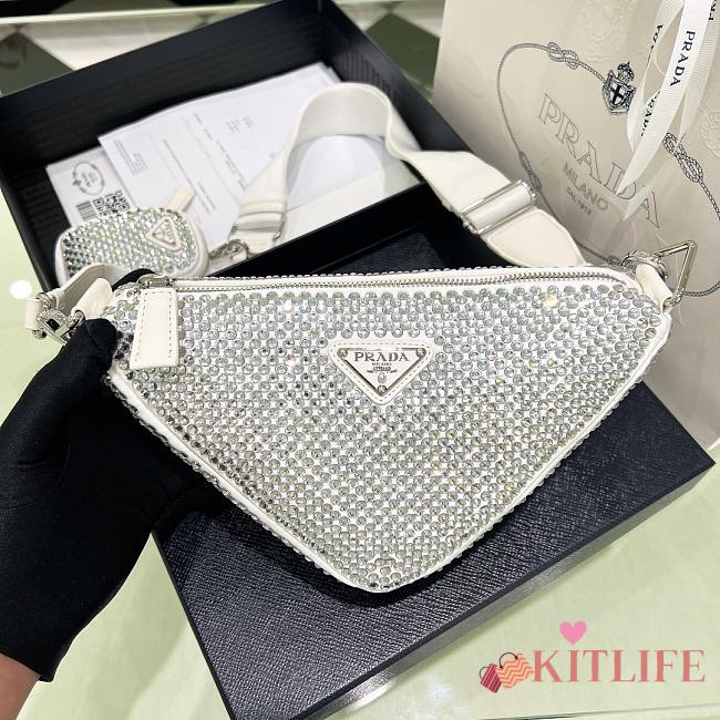 	 Kitlife Prada Triangle Saffiano leather shoulder bag with crystals white - 1BH190 - 26x14x12cm - 1