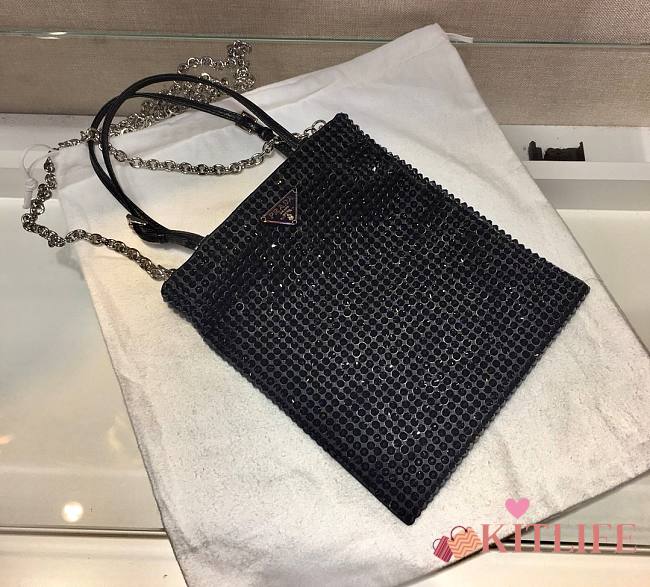 	 Kitlife Prada Rhinestone Handbag Black Silver - 20x18cm - 1