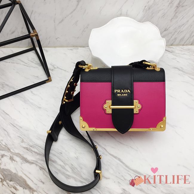 Kitlife Prada Cahier Black and Pink Calfskin Leather Shoulder Bag - 20x14x8.5cm - 1