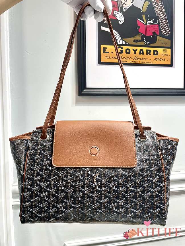 	 Kitlife Goyard Goyardine Canvas & Chevroches Calfskin Rouette PM Bag Brown and Black - 23cm x14cm x31cm - 1