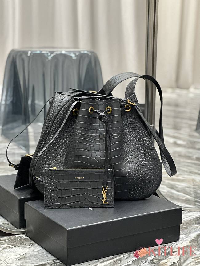 Ktilife YSL Flat Hobo Bag in Black Croc Leather - 697941 - 44×33×2.5cm - 1