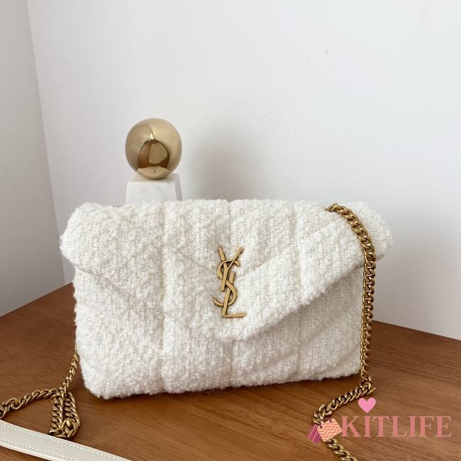 	 Kitlife YSL Loulou Puffer Toy Leather-trimmed Quilted Bouclé Shoulder White Bag - 23×15.5×5.8cm - 1