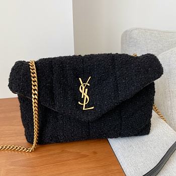 Kitlife YSL Loulou Puffer Toy Leather-trimmed Quilted Bouclé Shoulder Black Bag - 23×15.5×5.8cm