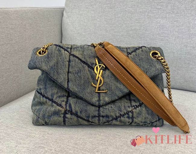 	 KITLIFE YSL PUFFER MEDIUM CHAIN BAG IN QUILTED VINTAGE DENIM AND SUEDE - 29-17-11cm - 1