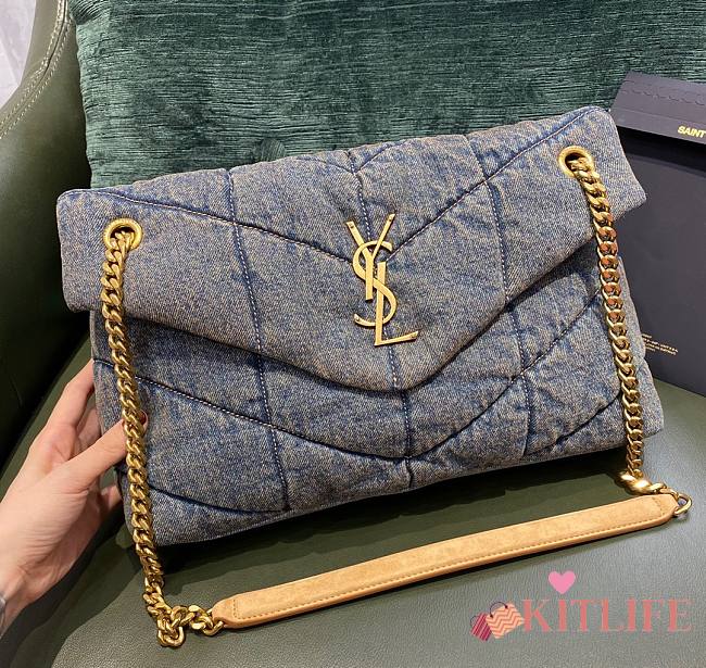 	 KITLIFE YSL PUFFER LARGE CHAIN BAG IN QUILTED VINTAGE DENIM AND SUEDE - 35x23x13.5cm - 1