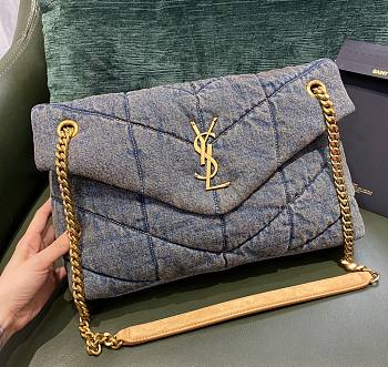 	 KITLIFE YSL PUFFER LARGE CHAIN BAG IN QUILTED VINTAGE DENIM AND SUEDE - 35x23x13.5cm