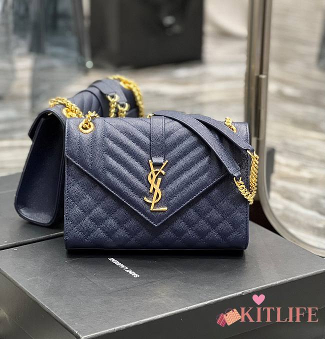 	 Kitlife YSL Envelope Cavair Calfskin Chain Bag In Navy Blue With Gold Hardware - 24x17.5x7cm - 1