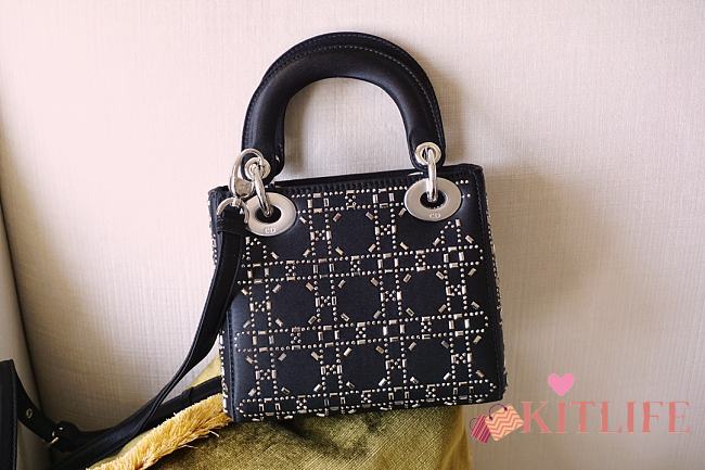 Kitlife Dior Mini Lady Black Satin Rhinestones Cannage - 17x15x7cm - 1