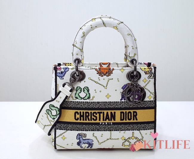 Kitlife Dior Lady Medium Ecru Multicolor Dior Pixel Zodiac Embroidery - 24 x 20 x 11 cm - 1