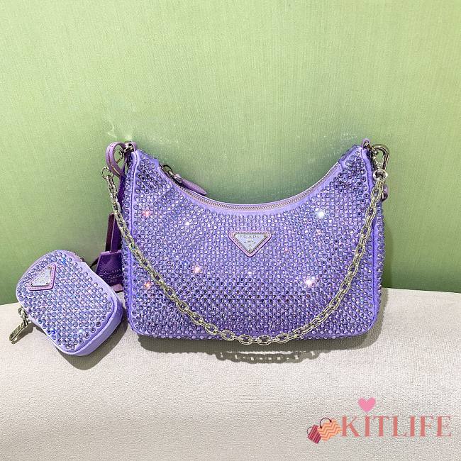 Kitlife Prada Re-Edition 2005 Satin Purple Bag With Crystals - 22 x 18 x 6.5cm - 1