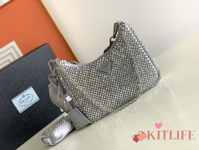 	 Kitlife Prada Re-Edition 2005 Satin Silver Bag With Crystals - 22 x 18 x 6.5cm - 1