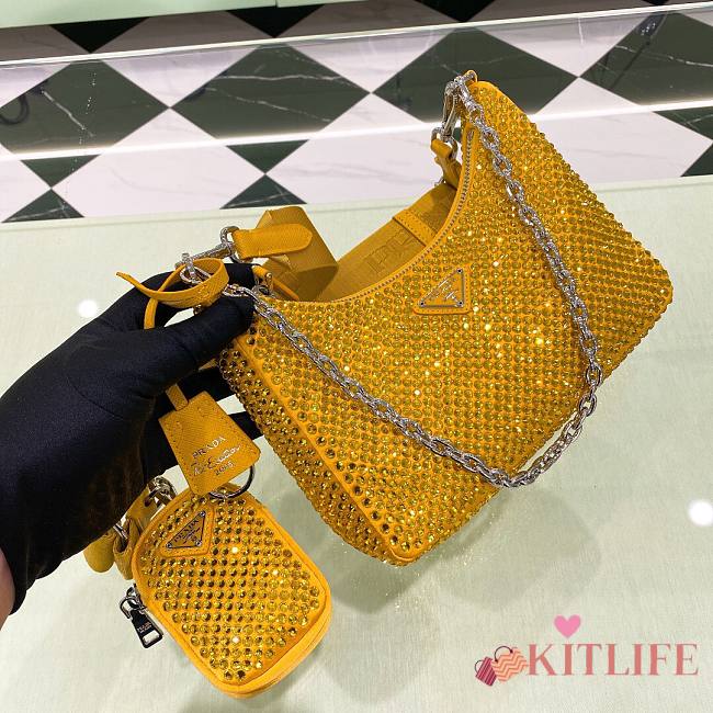 	 Kitlife Prada Re-Edition 2005 Satin Yellow Bag With Crystals - 22 x 18 x 6.5cm - 1