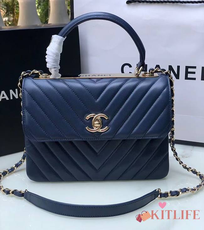 	 Kitlife Chanel Trendy CC Chevron Dark BLue Bag With Gold Hardware - 25×12×17CM - 1