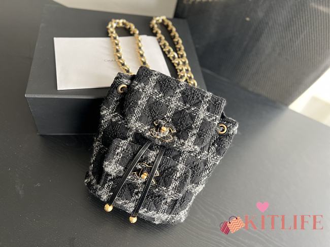 Kitlife Chanel Wool Tweed & Gold-Tone Metal Black & Gray Backpack - 24cmx21cmx10cm   - 1
