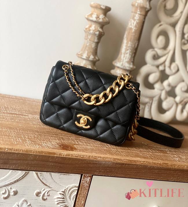 Kitlife Chanel Mini Flap Bag with big gold chain strap black lambskin leather - 19*14*6cm - 1