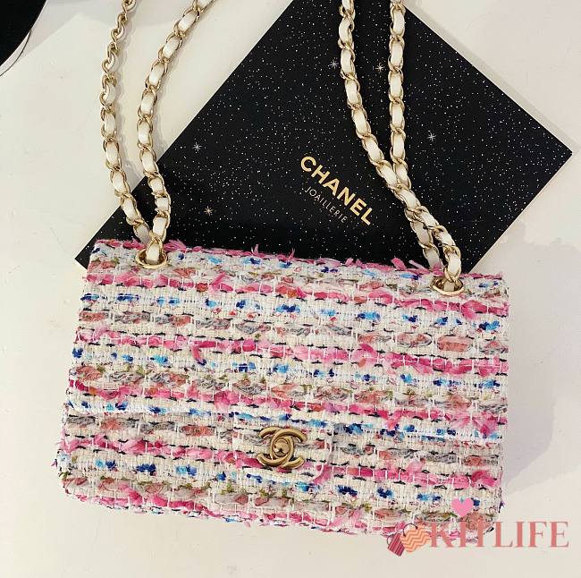 Kitlife Chanel Tweed & Gold-Tone Metal Pink double flap - 25cm - 1