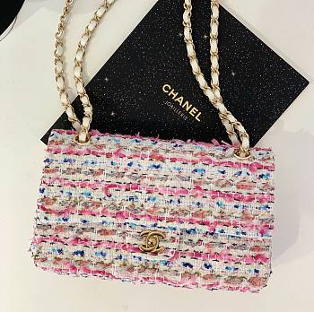 Kitlife Chanel Tweed & Gold-Tone Metal Pink double flap - 25cm