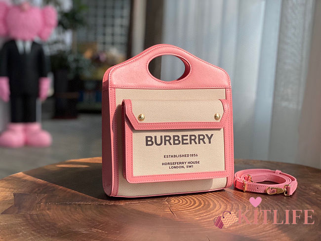 	 Kitlife Burberry Mini Two-tone Canvas and Leather Pocket Pink Bag - 23 x 6 x 26.5cm - 1