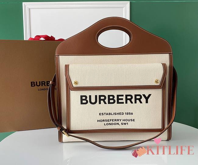 	 Kitlife Burberry Mini Two-tone Canvas and Leather Pocket Brown Bag - 23 x 6 x 26.5cm - 1