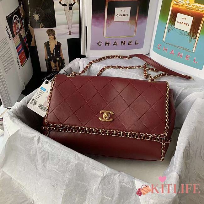 Kitlife Chanel Flap Bag Gold Chain Trim Burgundy Leather - 28*20*12CM - 1