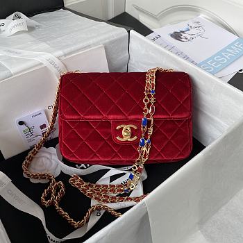 	 Kitlife Chanel Flap Bag Red Velvet Color Gold Chain - 20.5*17*6.5cm