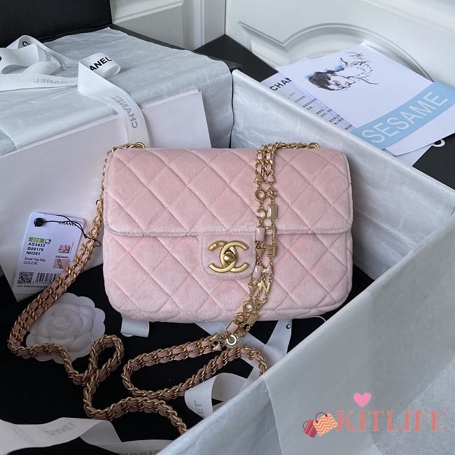 	 Kitlife Chanel Flap Bag Pink Velvet Color Gold Chain - 20.5*17*6.5cm - 1