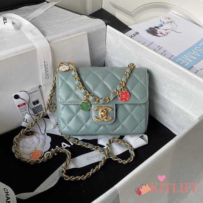 	 Kitlife Chanel Flap Bag Smooth Blue Leather With Gold Chain - 16*12*5cm - 1