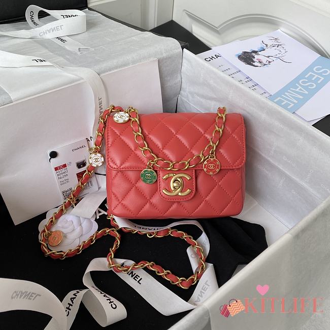 	 Kitlife Chanel Flap Bag Smooth Coral Pink Leather With Gold Chain - 16*12*5cm - 1