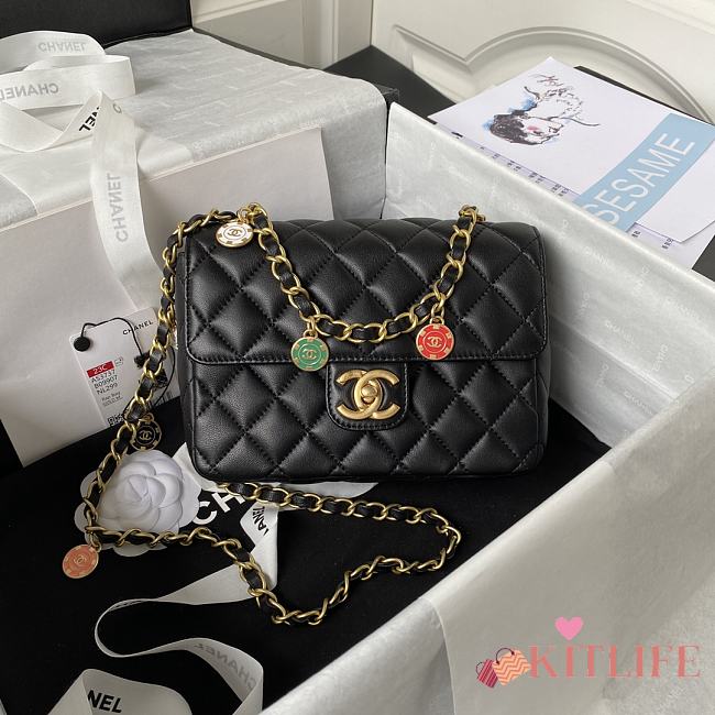 	 Kitlife Chanel Flap Bag Smooth Coral Black Leather With Gold Chain - 14.5*19*6.5cm - 1