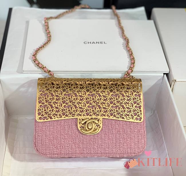 	 Kitlife Chanel Mini Evening Wool Tweed & Gold-Tone Metal Light Pink Bag - 7 × 12 × 5 cm - 1