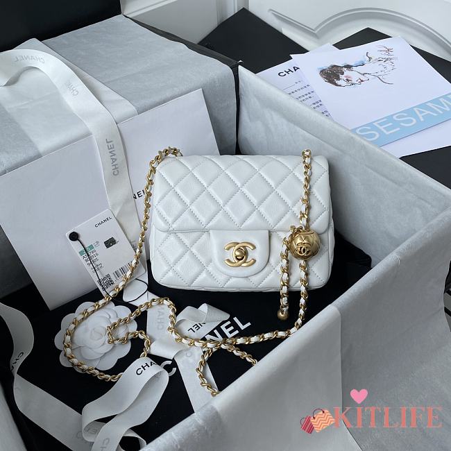 	 Kitlife Chanel 22C Pearl Crush Mini Square White Lambskin - 17cm - 1