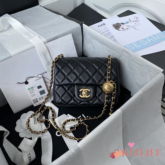 	 Kitlife Chanel 22C Pearl Crush Mini Square Black Lambskin - 17cm - 1