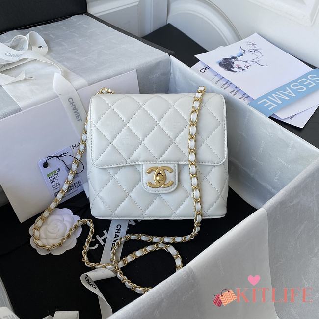 Kitlife Chanel Mini Square Flap Bag Gold Chain White - 17X14.5X7.5cm - 1